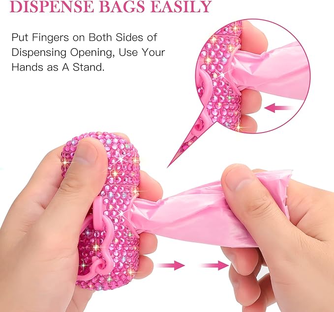 SAVORI Dog Poop Bag Holder Bling Crystal Dog Waste Bags Dispenser for Pet Dog Doggy with Carabiner Clip Includes 1 Roll 15 Bags (Hot Pink)