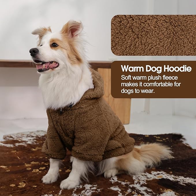 IDOMIK Fuzzy Dog Sweater with Adjustable Hood, Warm Fleece Dog Sweater Hoodie with Harness Hole & Pocket, Pullover Sweaters for Small Dogs, Fuzzy Hooded Sweatshirt for Fall Winter Christmas,Brown,XS