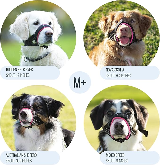 Gentle Muzzle Guard for Dogs - Prevents Biting and Unwanted Chewing Safely Secure Comfort Fit - Soft Neoprene Padding – No More Chafing – Training Guide Helps Build Bonds with Pet (M+, Pink)