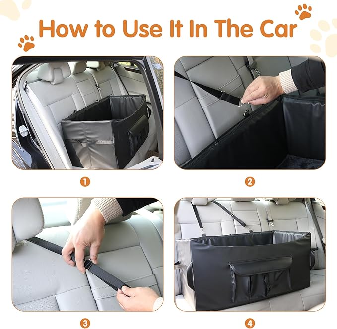 Black Dog Booster Seat for 2 Small Dogs or Medium Dog – Upgraded PU Leather Waterproof Anti-Odour Car Seat with 2 Safety Belts, 2-Sided Cushion & Storage Pockets
