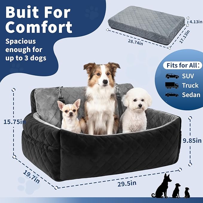 Extra Large Dog Car Booster Seat with Safety Belt, Waterproof & Non-Slip Memory Foam Dog Booster Seat with Thick Cushion, Pet Car Seat for SUV, Pick Up, Trunk