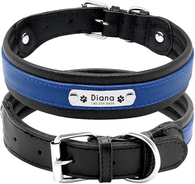 Large Dog Collar Genuine Leather Dog Collar Personalized Pet Name ID Collar Padded Customized for Medium Large Dogs Blue XL