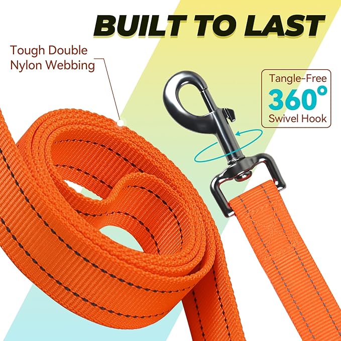 VIVAGLORY Twingrip Dog Leash, Double Handle Dog Leash for Training & Walking with Traffic Handle & 2 Loop, Traffic Control Reflective Heavy Duty for Puppy Pet, 5ft x 1in, Orange