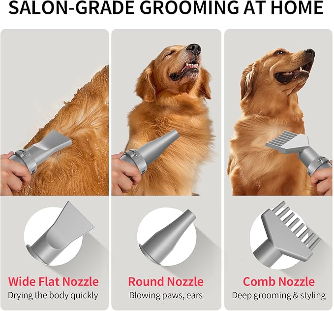 High Velocity Dog Hair Dryer for Pet Grooming – 150 MPH Airflow, Adjustable Temperature, and 3 Nozzles for Efficient Drying of Dogs, Cats, and Furry Friends