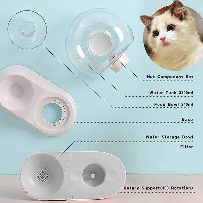 2 In1 Automatic Cats Dogs Water Dispenser Pet Food Bowls Set,No-Spill Dog Water Bottle & Dish Detachable Transparent Pet Feeder for Small Medium Size Dog Cat 2.8L
