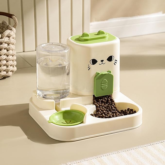 2 in 1 Automatic Pet Feeder and Water Dispenser, 1800ml Dry Food 800ml Water Capacity, Portable Cat Dog Food Bowl for Small Animals- Green
