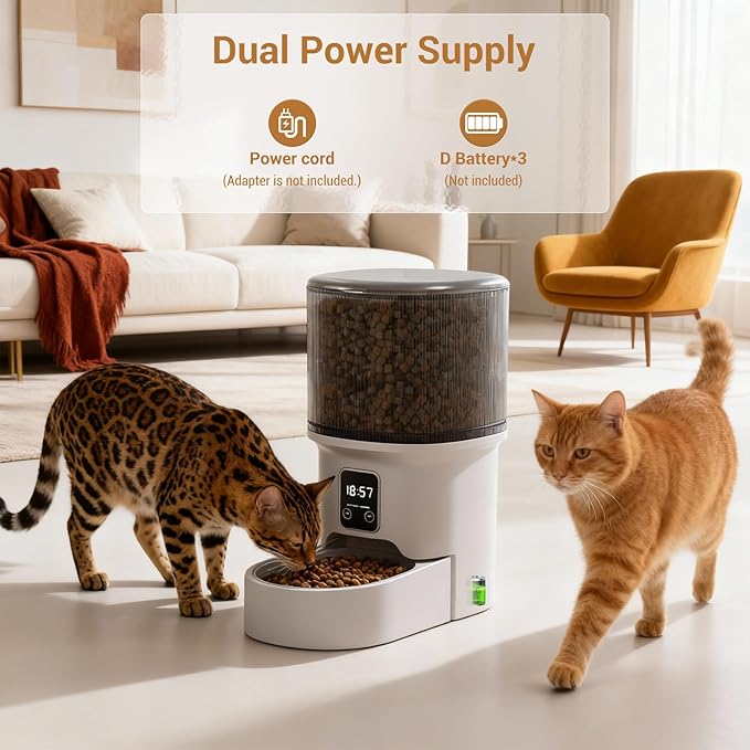 4L Automatic Pet Feeder for Cats & Small Dogs – Programmable Timed Food Dispenser – Portion Control for 1-6 Daily Meals – Dual Power – Stainless Steel Bowl – Dampness-Proof, Easy Clean