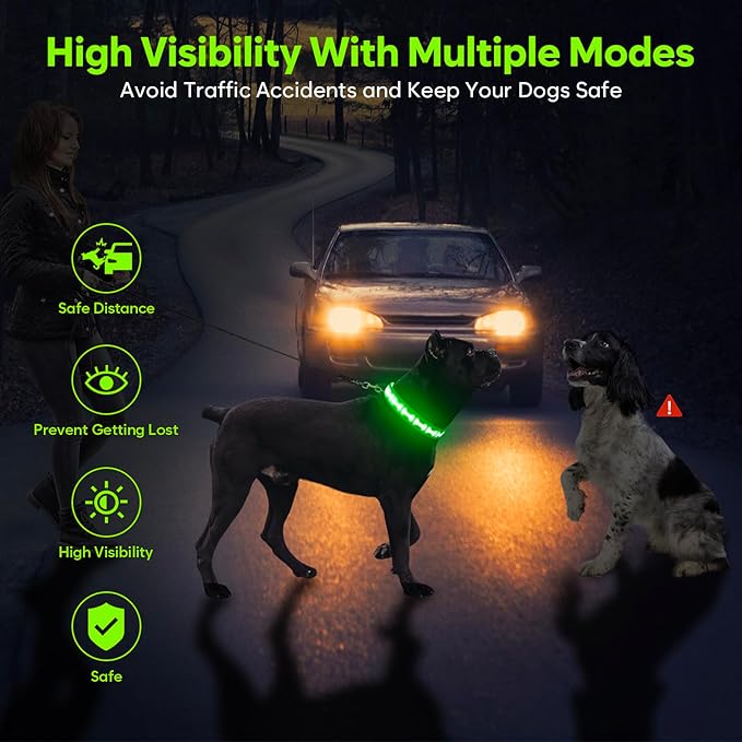 LED Dog Collar with Battery Display, Adjustable Light Up Dog Collars Rechargeable, Glowing in The Dark Reflective Light Collar Super Bright Safety Dog Light for Medium Large Small Pets (Green, M)