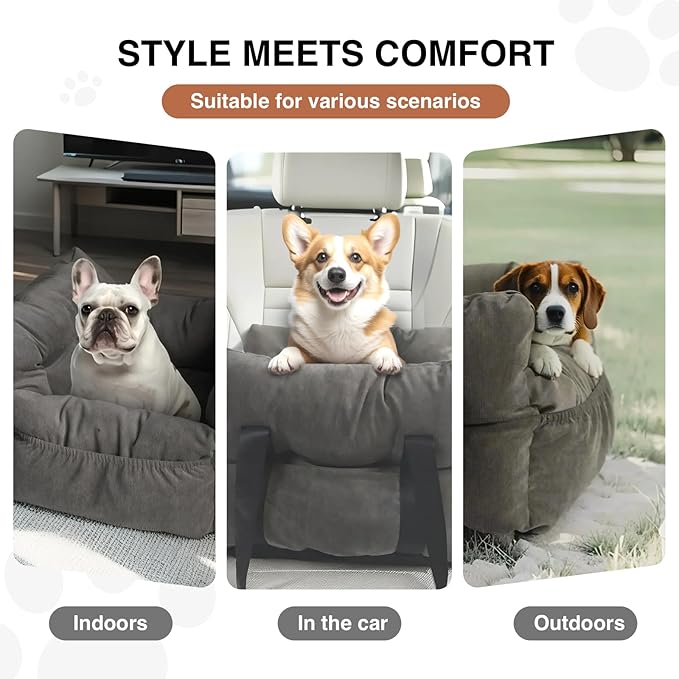 Pet Car Booster Seat, Soft Corduroy, Small Dog Cat Carrier with Safety Straps, Storage Pockets, 18x16x9 Inch, for Pets Under 25 lbs (Dark Brown)