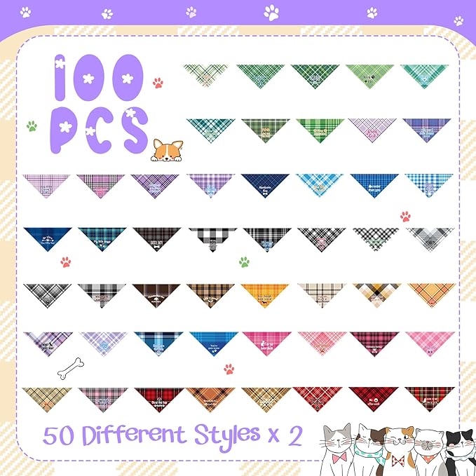 Sweetude 100 Pcs Plaid Dog Bandanas Bulk Paw Print Dog Scarf Bibs Puppy Pet Bandanas with Captions Adjustable Cat Outfit Washable Triangle Scarf Kerchief for Small to Medium