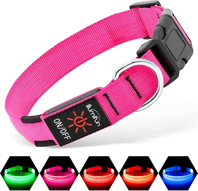 Illumifun LED Dog Collar, USB Rechargeable Light Up Dog Collars, Waterproof Adjustable Safety Collar Light for Small Dogs Walking at Night (Pink, Small)