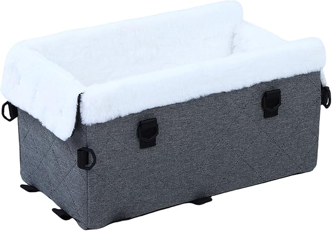 Center Console Dog Car Seat, Soft Pet Car Seat for Small Dogs, Pets Cats Armrest Middle Console Travel Carrier for Trucks SUVs (Grey)