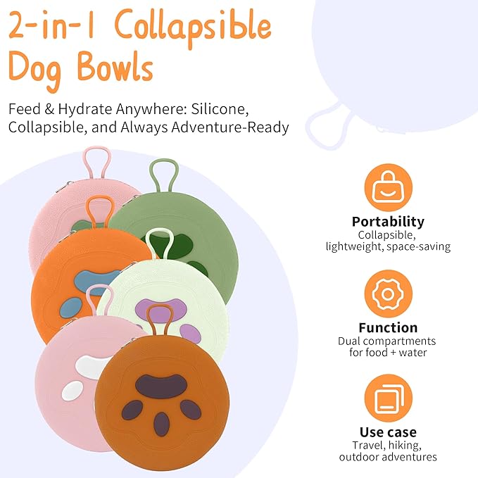 Collapsible Dog Bowls, 2-in-1 Pet Portable Travel Double Bowl Water Food Feeder Traveling Camping & Walking 25oz Pink