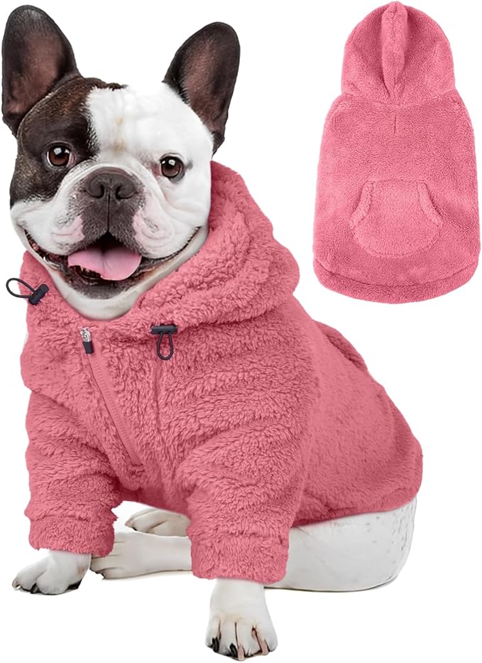 IDOMIK Fuzzy Dog Sweater with Adjustable Hood, Warm Fleece Dog Sweater Hoodie with Harness Hole & Pocket, Pullover Sweaters for Medium Dogs, Fuzzy Hooded Sweatshirt for Fall Winter Christmas,Pink,M