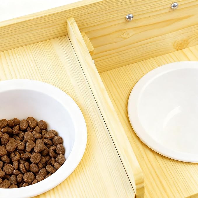 Pet Water Bowl Stand - Adjustable Wooden Dog and Cat Dispenser with 2 Stainless Steel Bowls | Indoor Outdoor Feeding Station for Puppies, Kittens, Small and Medium Pets, Apartment, Balcony, Garden, Ho