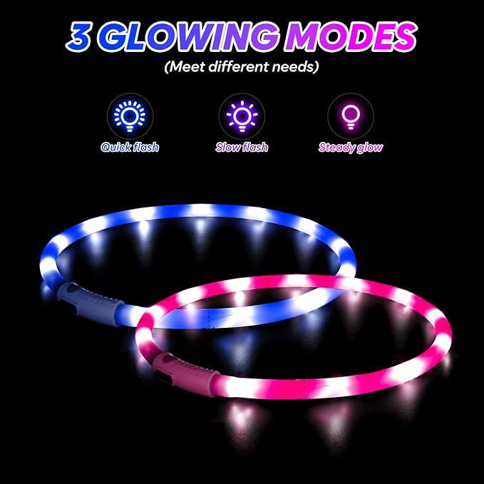 BSEEN Light Up Dog Collar - 2 Pack LED Dog Collar Rechargeable, Silicone Cuttable Glow in The Dark Dog Collar Light, Flashing Safety Dog Lights for Night Walking (Pink+Blue)