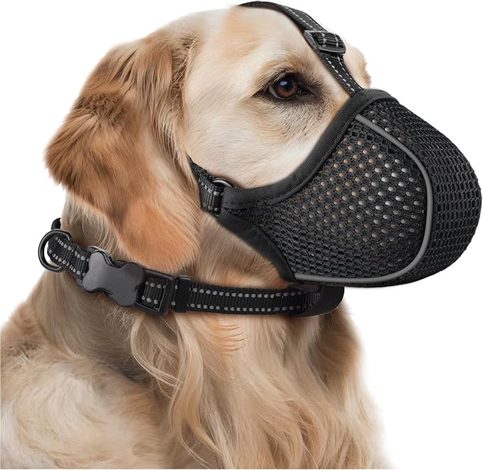 Dog Muzzle,Soft Nylon Muzzles Anti Biting Barking Chewing,Breathable Reflective Adjustable Loop Pets for Small Medium Large Sized Dogs,Allows Panting and Drinking(Black L)