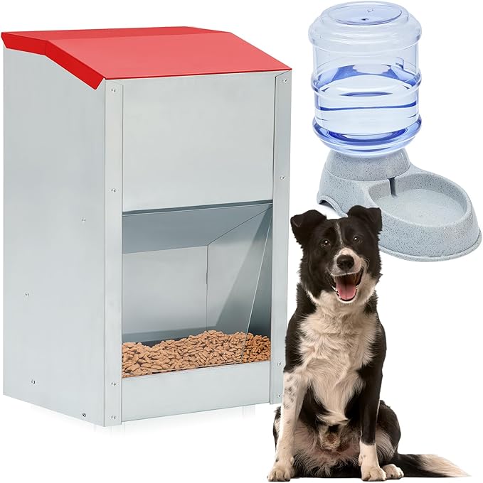 Automatic Dog Feeder and Water Dispenser Set, 25 Lbs Galvanized Gravity Outdoor Cat Food Feeder Large Capacity 3.5 L Indoor Animal Pet Water Drinking Dispenser Station