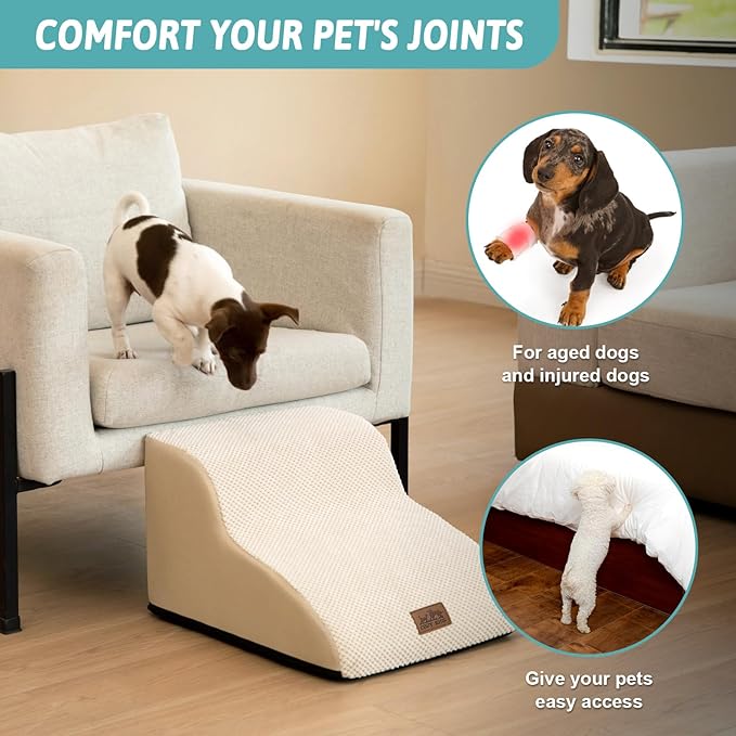 Dog Stairs for Small Dogs 11.8" H, Curved Dog Step for Puppy, Older Cat, Medium Pet Ramp for Sofa, Couch or Chair, Ladder with High Density Foam, 2 Step, Beige