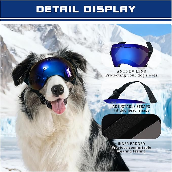 Dog Goggles UV400 Protection,Ski Goggles for Large Breeds with Adjustable Strap, Dog Sunglasses with Comfort-Focused Frameless Design - UV-Resistant/Windproof/Snowproof for Running,Cycling (Blue)