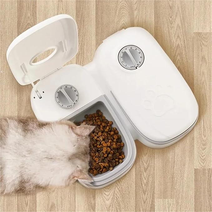Automatic Pet Feeder with Timer - Large Capacity Electric Dog & Cat Food Feeder with Double Dish Bowl(Double Grey)