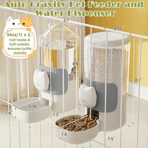 34oz Hanging Automatic Cat Food and Water Dispenser, 1L Auto Gravity Pet Feeder Set, Cage Cat Dog Feeder for Kitten Puppy Bunny Guinea Pig (Gray)