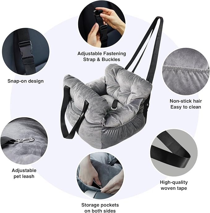 Pet Car Booster Seat for Small Dogs up to 25 lbs with Safety Straps, Storage Pockets, Travel Carrier Bed with Detachable Cover, Machine Washable (Gray)