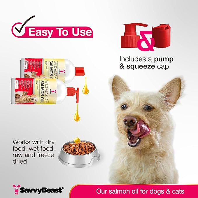 SavvyBeast Wild Alaskan Salmon Oil for Dogs, Cats & Ferrets – Omega-3 Fish Oil Pet Supplement with EPA & DHA – Supports Skin, Coat, Joints, Heart, Brain, Itch Relief & Immune – Unscented – 32 oz