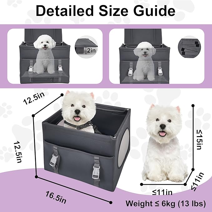 Dog Booster Car Seat, Foldable Puppy Car Safety Seat with 2-inch Elevated Cushion, Fully Detachable and Washable, Convenient to Carry, Easy to Install, Grey