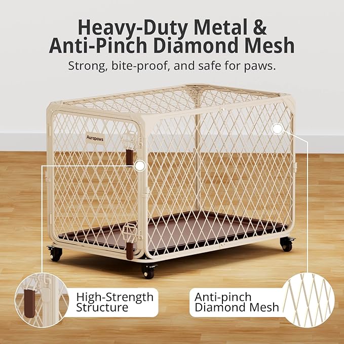 Dog Crate, 42 Inch Diamond Mesh Enhanced Dog Kennel with 4 Lockable Wheels, Leak-Proof Tray, Metal Cage Dog Crates for Large, XL Large Dogs, Pets up 200 lbs, Ideal for Indoor Outdoor Use