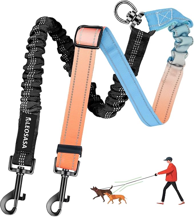 Double Dog Leash for Two Dogs - Gradient Color No Tangle Swivel Dog Coupler with Heavy Duty Clip, Size Adjustable Bungee Leash Attachment for Small, Medium, Large 2 Dogs, Style 2