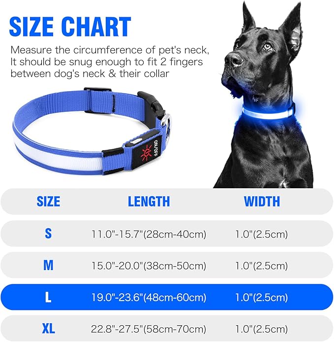 LED Dog Collar, USB Rechargeable Light Up Dog Collars, Adjustable Glow Collars for Dogs,Reusable Safety Dog Collar for Small, Medium, Large Dogs (Blue, Large)