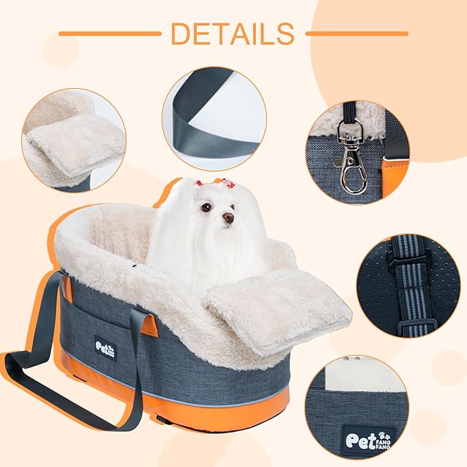Linen & Velvet Console Dog Car Seat - Anti-Slip Base with Pockets for Poop Bags, Fits Small Dogs Under 5kg