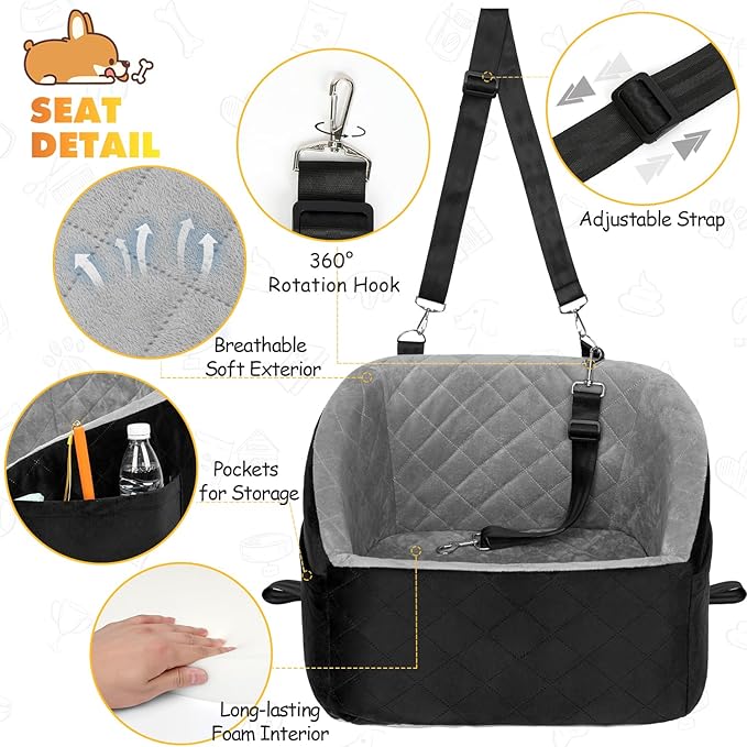 Dog Car Seat for Small Medium Dogs Under 30lbs Pet Booster Seat with Safety Leash and Storage Pockets Detachable Washable Puppy Car Seat Travel Bed to Front Backseat (Black&Grey)