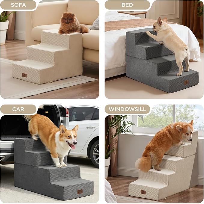 Joydeco Dog Stairs for Bed 25" H, 5-Step Pet Steps for Small Dogs and Cats, Dog Steps for High Bed, Non-Slip Balanced Ramp Indoor Pet Stairs, Beige