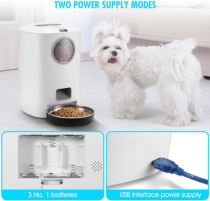 4.5L Automatic Cat Feeder Food Dispenser for Cat & Dog,Programmable Portion Control 1-4 Meals Per Day & 10S Voice Recorder with Stainless Steel Bowl for Small to Medium Cats Dogs