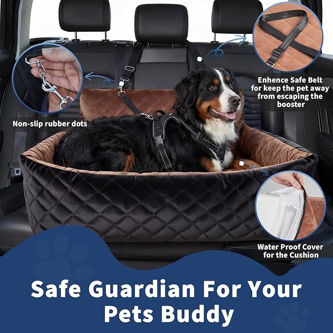 Extra Large Dog Car Booster Seat with Safety Belt, Waterproof & Non-Slip Memory Foam Dog Booster Seat with Thick Cushion, Pet Car Seat for SUV, Pick Up, Trunk