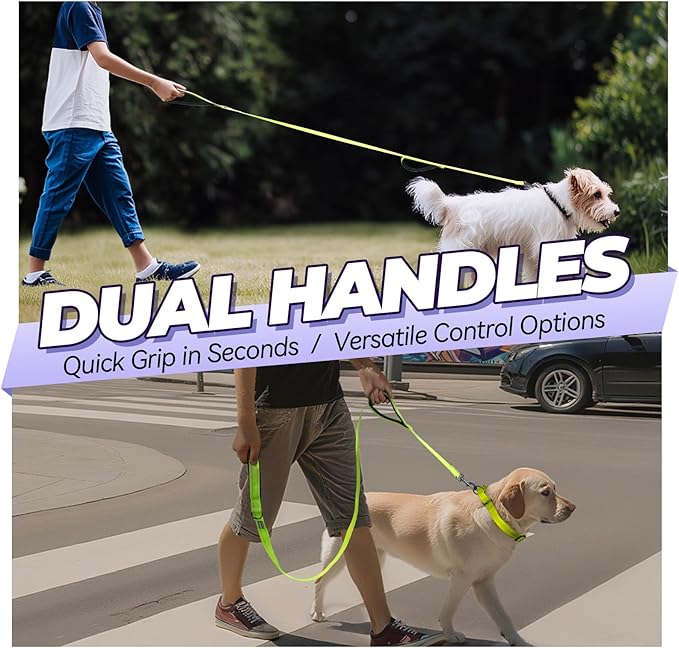VIVAGLORY Twingrip Dog Leash, Double Handle Dog Leash for Training & Walking with Traffic Handle & 2 Loop, Traffic Control Reflective Heavy Duty for Puppy Pet, 4ft x 1in, Bright Yellow