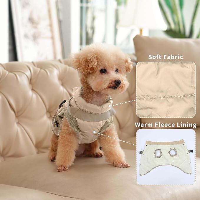 Dog Jacket with Harness,Fleece Lined Warm Puppy Coat for Winter,Soft Windproof Small Dog Vest,Khaki XS