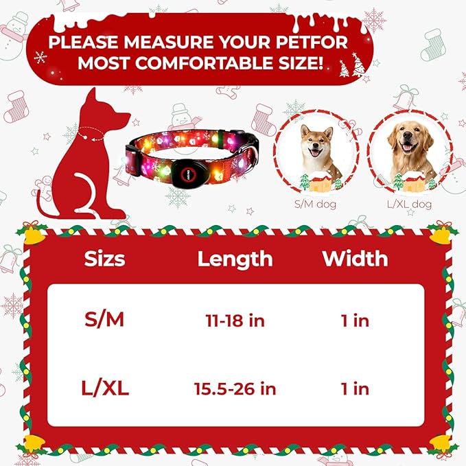 Christmas Light Up Dog Collar, LED Dog Collar Glow in The Dark - USBC Rechargeable, 3 Flashing Modes, Fashionable Cute Glowing Dog Light Up Collars for Medium Large Dogs, Santas L