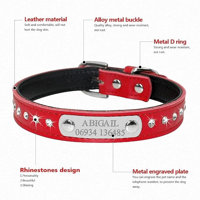 Custom Leather Dog Collars Adjustable Padded Rhinestone Personalized Dogs ID Collar Free Engraving for Small Medium Dogs Cats Red XS