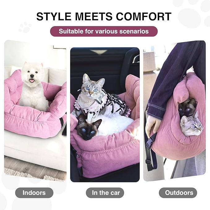 Pet Car Booster Seat for Small Dogs up to 25 lbs with Safety Straps, Storage Pockets, Travel Carrier Bed with Detachable Cover, Machine Washable (Pink)