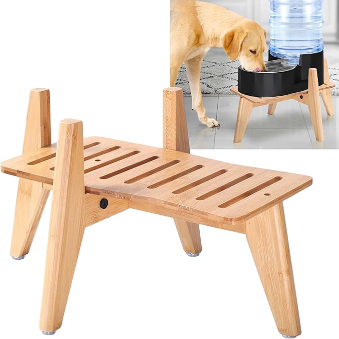 Dog Water/Food Dispenser Stand for Large Dogs - Use to Raise Dog Water and Food Bowl Feeder Dispensers - Adaptable Size Fits Various Sizes and Shapes - Slanted Feet Resist Tip-Over - Bamboo