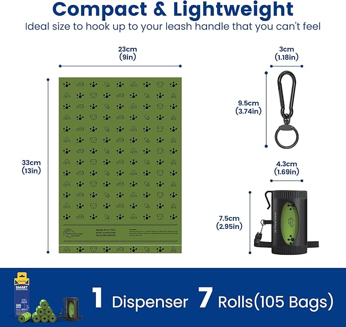 Dog Poop Bag Rolls with Retractable Poop Bag Holder, Leak Proof and Extra Thick Lavender Pet Waste Bags, 70% Recycled GRS Certified, 1 Dispenser and 105 Bags for Doggy Walking & Cat Litter
