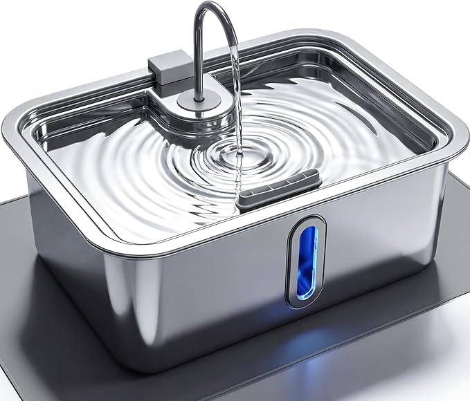12L Stainless Steel Dog Water Fountain with Transparent Window and Alert Light - Automatic Pet Water Dispenser Large Capacity for Multiple Cats Dogs Includes Silicone Pet Feeding Mat & 3 Filters