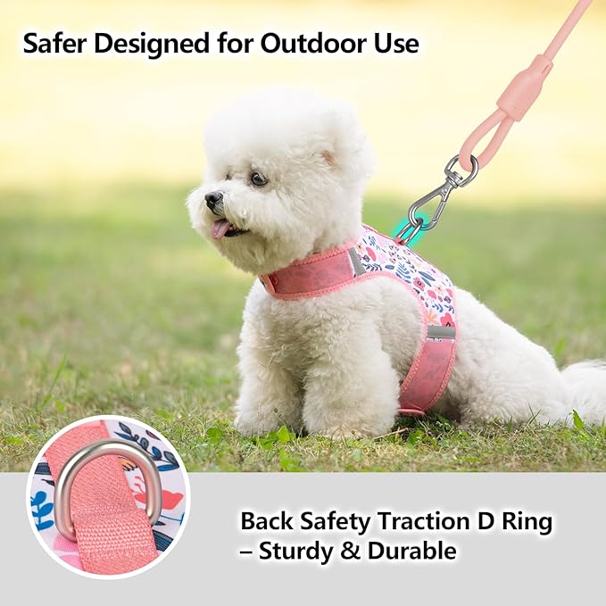 Dog Harness for Small Sized Dog,Hook-and-Loop Easy On/Off, Reflective Adjustable Soft Mesh Vest for Puppy (Pink Floral Print,L)