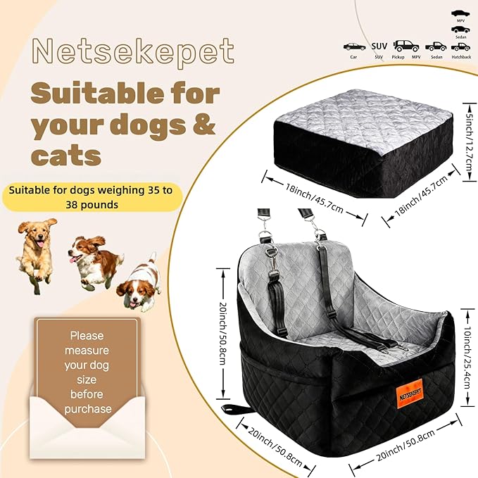 The netsekepet Suitable for Dogs Weighing 35 to 38 pounds Thick-Padded Memory Foam car Seats Suitable for Medium-Sized Dogs, Detachable and Washable, Storage Bags, 2 seat Belts