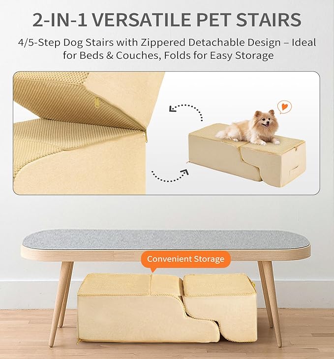 Made4Pets Dog Stairs Ramp for Bed 19.7" H, 4-Step Dog Steps for High Bed Couch Sofa Climbing, 35D Foam Pet Steps for Small Dogs and Cats, Non-Slip Bottom Pet Stairs, Tan