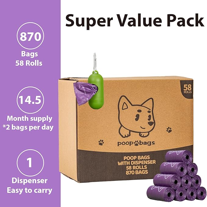 Scented Dog Poop Bags With Dispenser, Strong and Leak-proof Waste Bags for Pets, 870 Count (58 Packs of 15), 13 Inch x 9 Inch (Purple)
