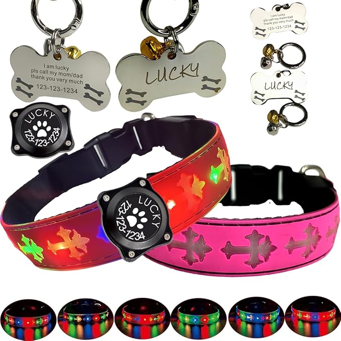 Pet Collar with AirTag Holder and ID Tag, 15 Lighting Modes, Waterproof Cross Pattern Design, Multiple Colors (RED Pro, S(7.87-11.8"))